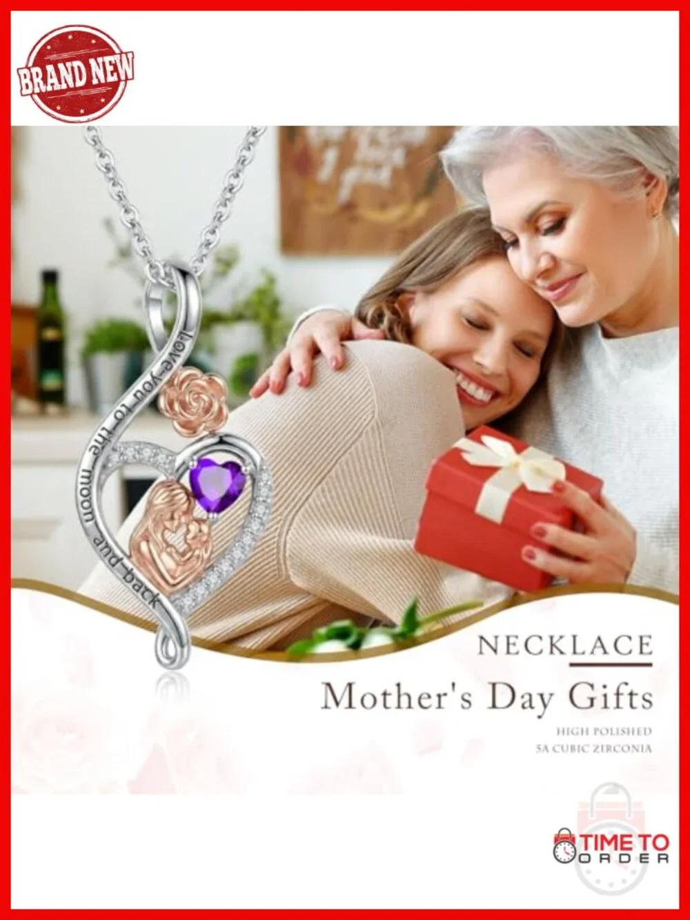 Rose Heart Infinity Birthstone Pendant Necklace Mother's Day Jewelry Brass